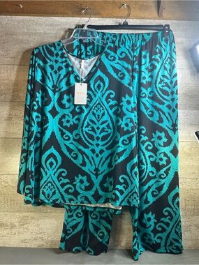 Syoss 2pc Loungewear Pajama Set Teal Black Damask Ikat Retro Print NWT 3XL